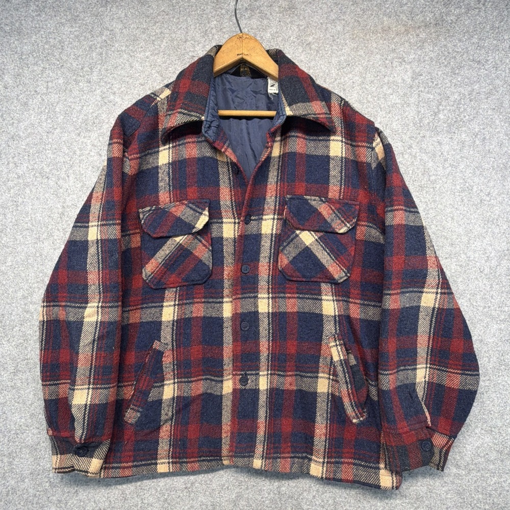 Vintage JC Penney Checked Wool Style Cpo Shirt Jacket Men's Large Blue Red 70s